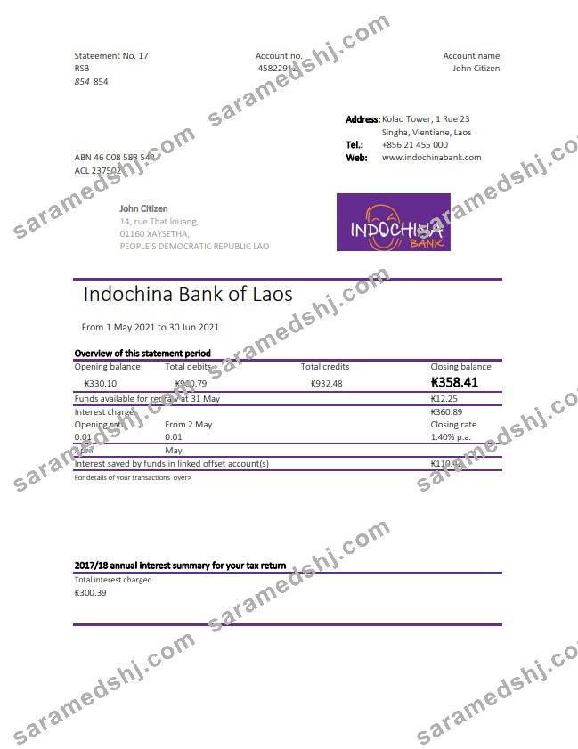 Laos Indochina Bank statement easy to fill template in Excel and PDF format